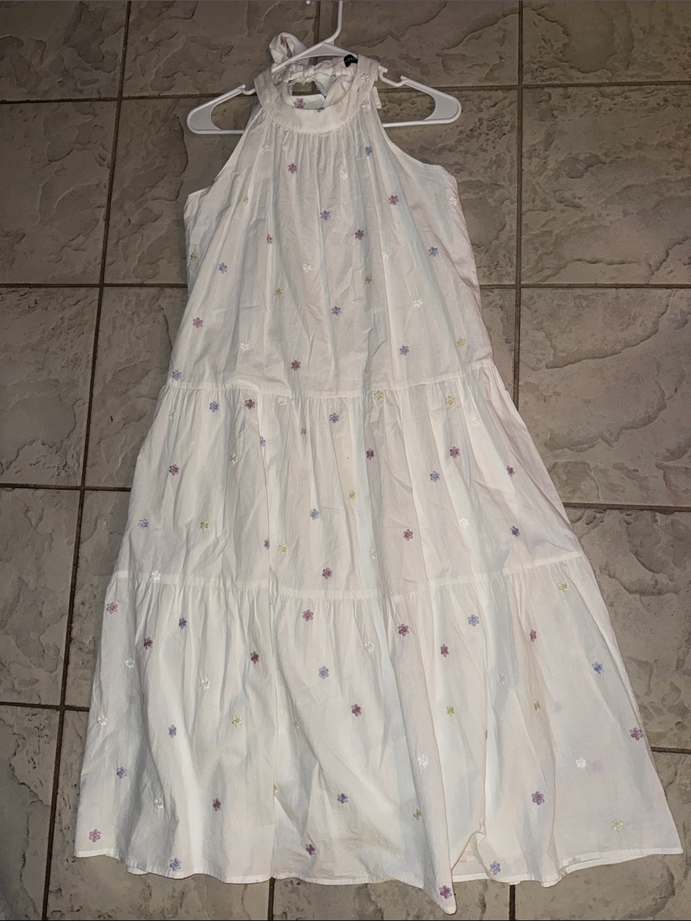 White Halter Maxi Dress with Pastel Floral Embroidery